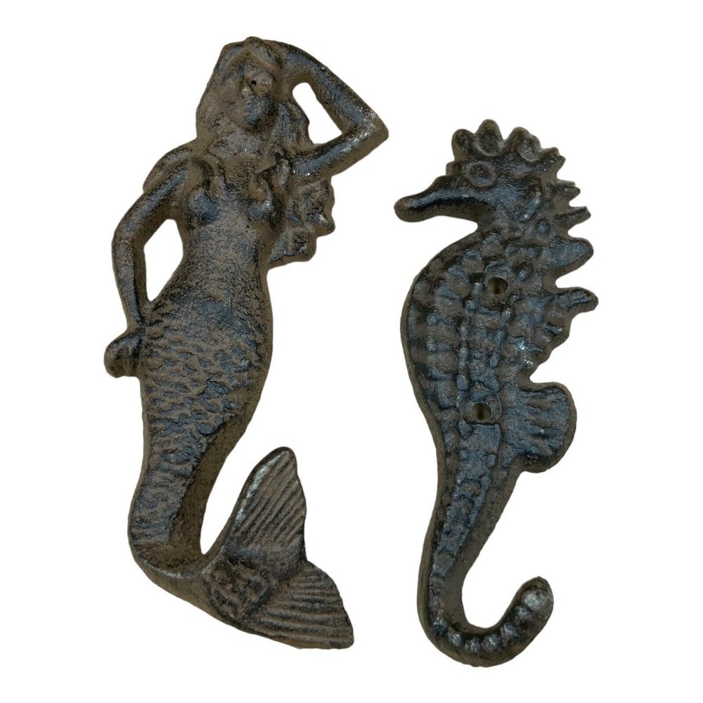 Beach Decor Coat Hat Wall Hooks Cast Iron Mermaid & Seahorse - Picture 2 of 9
